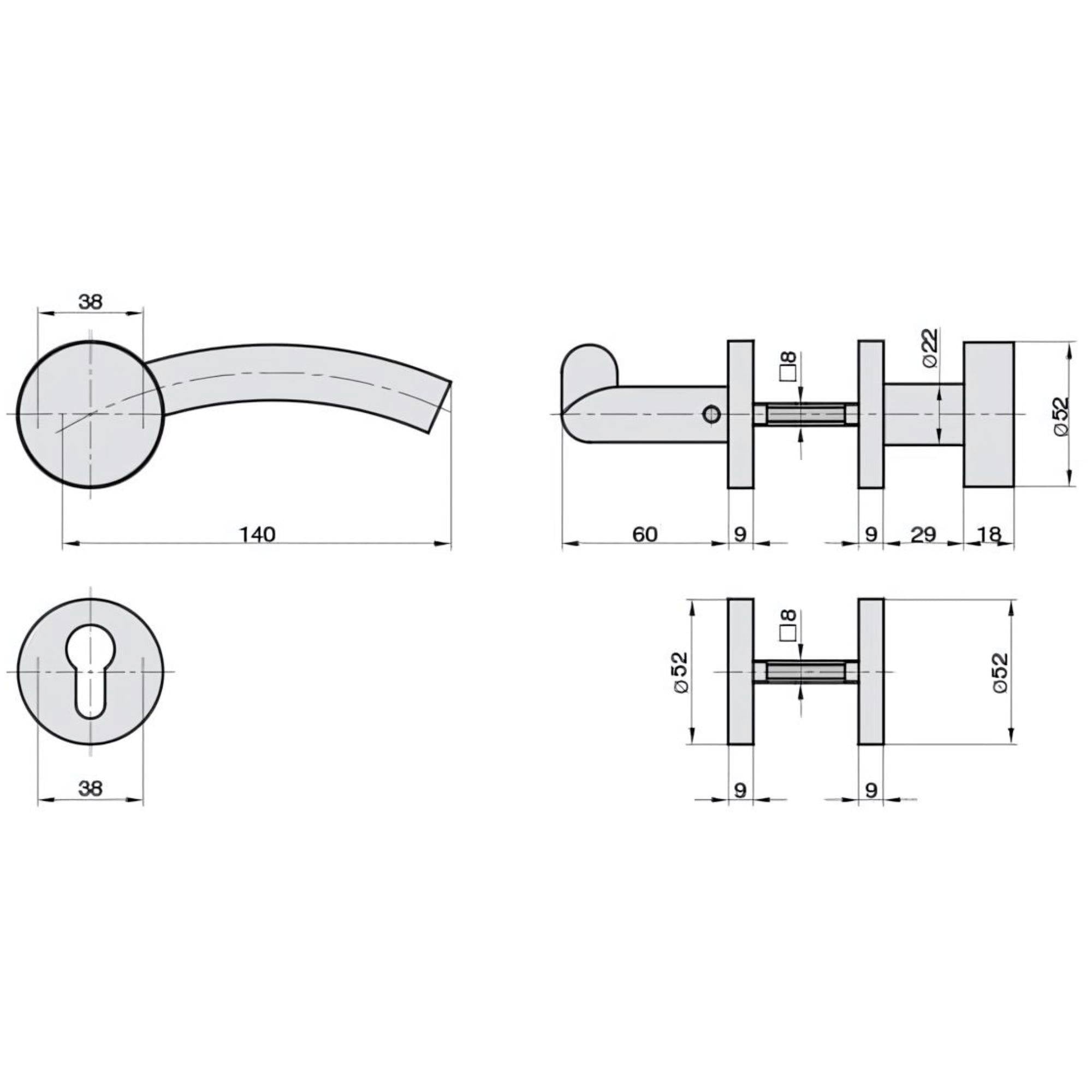 Rysunek techniczny klamki drzwiowej z wymiarami: długość 140 mm, średnica rozetki 38 mm. Zawiera widok przedni, boczny i z góry.