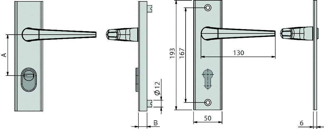 Techniczne rysunki klamek drzwiowych z wymiarami: 193 mm wysokości, 50 mm szerokości, 167 mm uchwytu oraz 6 mm płyty. Przedstawia widok z przodu i z boku.
