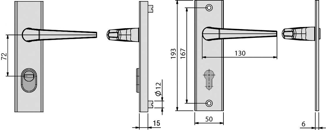 Rysunek techniczny klamek drzwiowych z wymiarami: długość 130 mm, wysokość 193 mm, szerokość płytki 72 mm, rozstaw osi 167 mm.