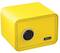 Żółty sejf z cyfrowym zamkiem szyfrowym, w kształcie kwadratu.