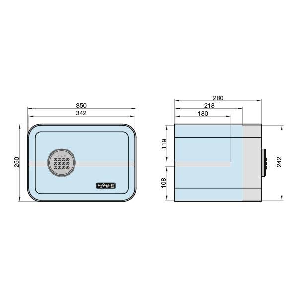 Wymiary sejfu z przodu: 350 mm szerokości, 250 mm wysokości, 242 mm głębokości. Wyposażony w zamek szyfrowy.