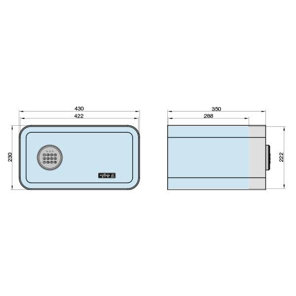 Rysunek niebieskiego prostokątnego pudełka z wymiarami. Po lewej: 430x220 mm, po prawej: 350x222 mm. Okrągła kratka znajduje się w lewym górnym rogu.