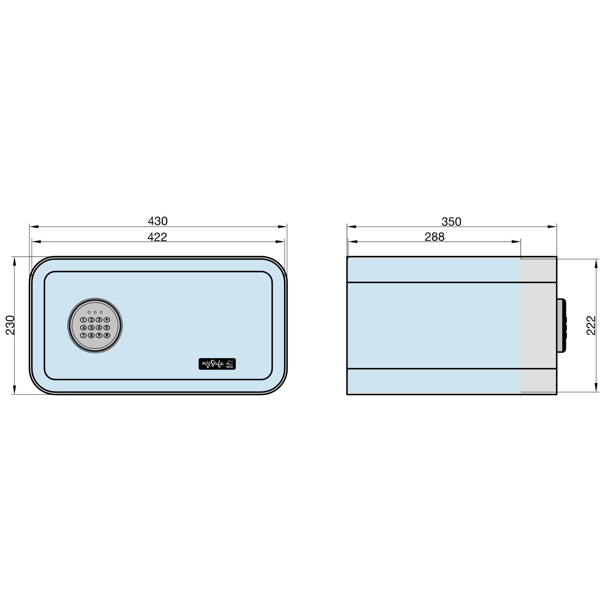 Rysunek techniczny prostokątnego pojemnika o wymiarach: 430x220x222 mm. Widoczne szczegóły: odpływ i etykieta firmowa.