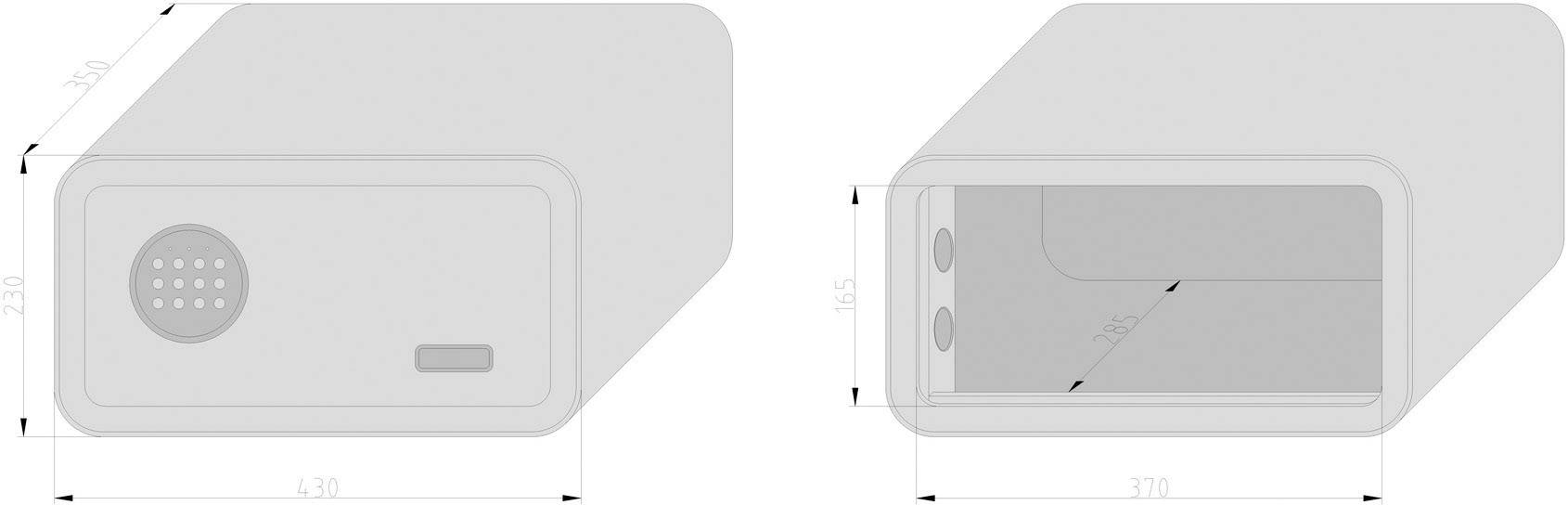 Rysunek techniczny prostokątnej obudowy z kratką wentylacyjną i gniazdem. Wymiary: 140x240 mm, otwór 370 mm.