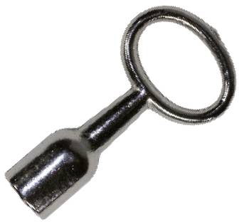 Srebrny metalowy klucz z okrągłą rączką, który prawdopodobnie służy jako narzędzie lub element jakiegoś urządzenia.