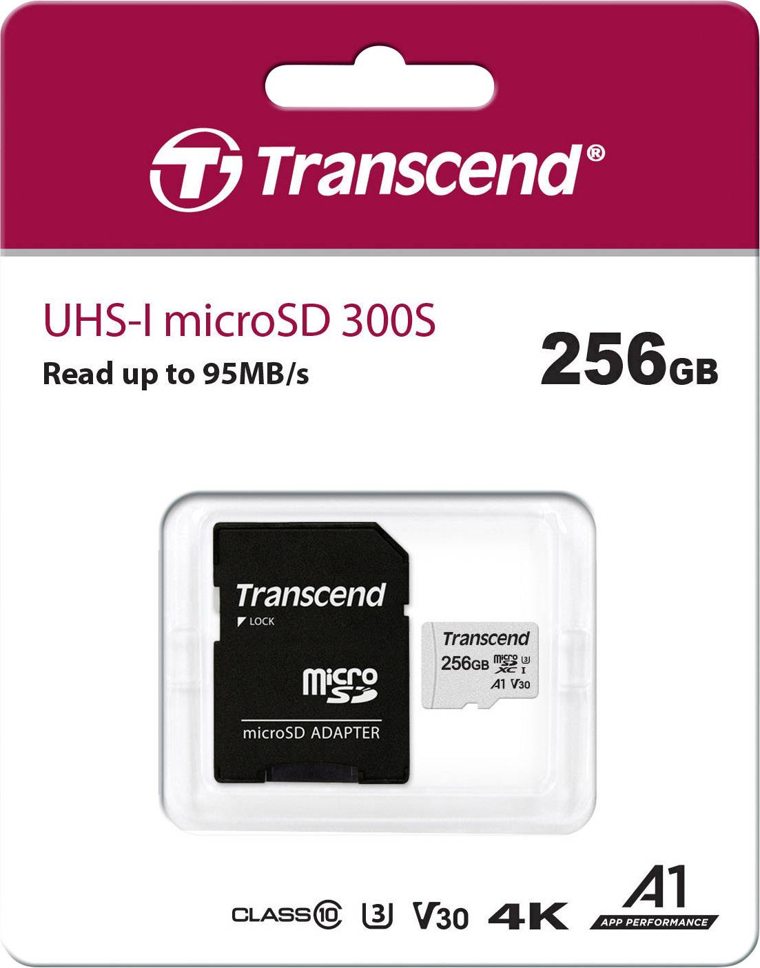 Opakowanie karty pamięci Transcend 256GB UHS-I microSD 300S pokazuje kartę i adapter, z prędkością do 95 MB/s, obsługujące 4K.
