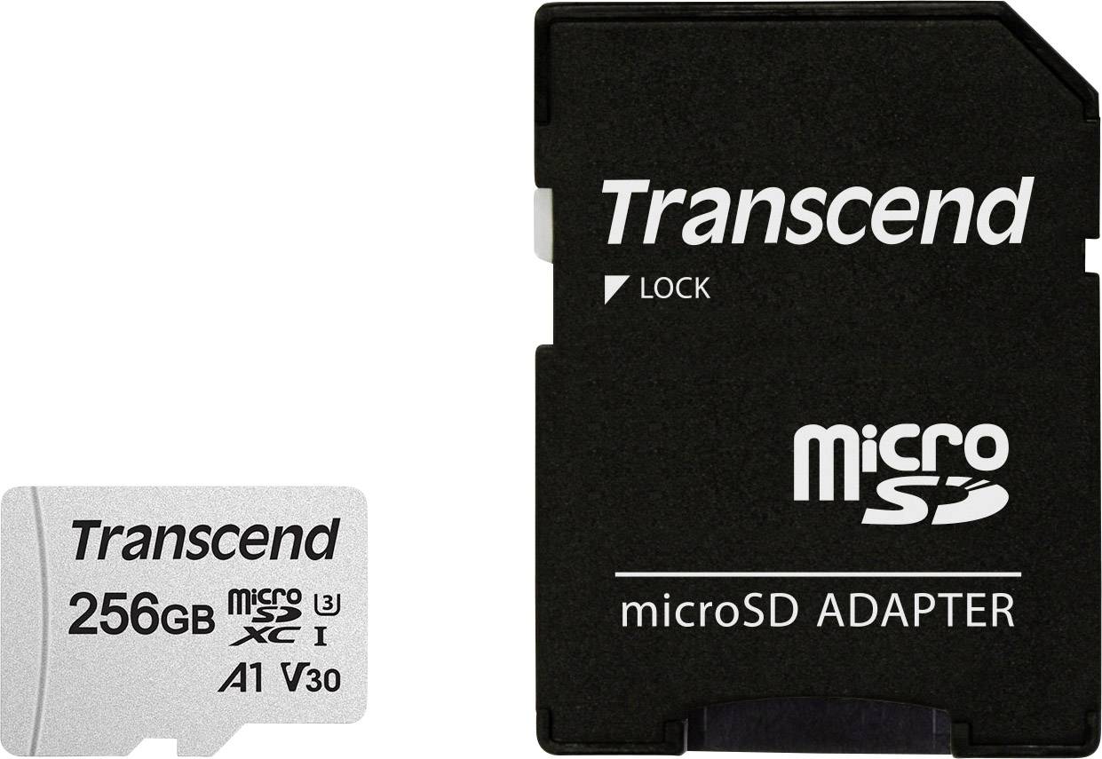 Karta microSD firmy Transcend o pojemności 256 GB wraz z odpowiednim adapterem.