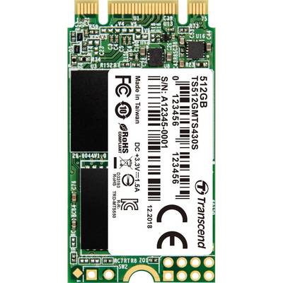 Dysk SSD M.2 o pojemności 512 GB firmy Transcend, model TS512GMTS430S, z numerem seryjnym A12345-0001. Zawiera szczegóły techniczne i logo certyfikacyjne.