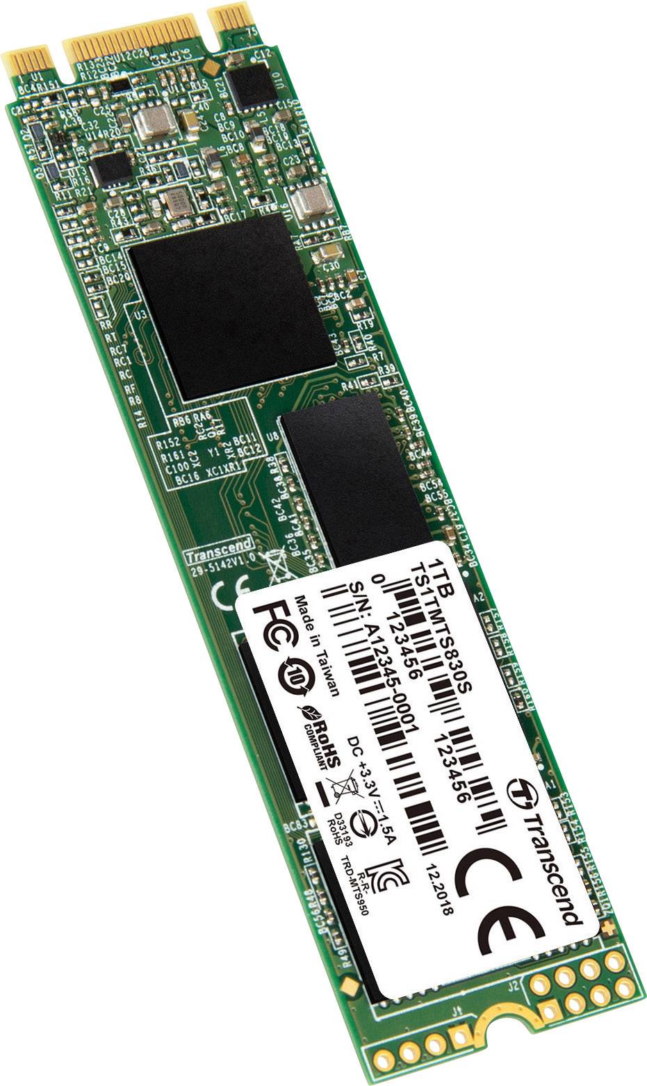 Dysk SSD Transcend 1TB M.2 NVMe, zielony ze złotymi pinami. Naklejka ze specyfikacją na przedniej stronie.