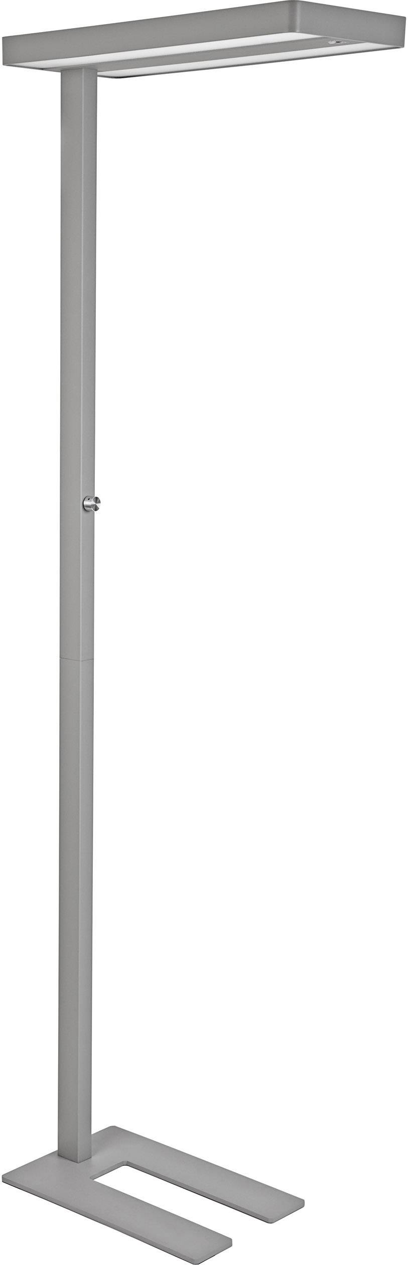 Szara, nowoczesna lampa stojąca z prostokątnym abażurem. Stoi na stabilnej metalowej podstawie i jest przeznaczona do wnętrz.