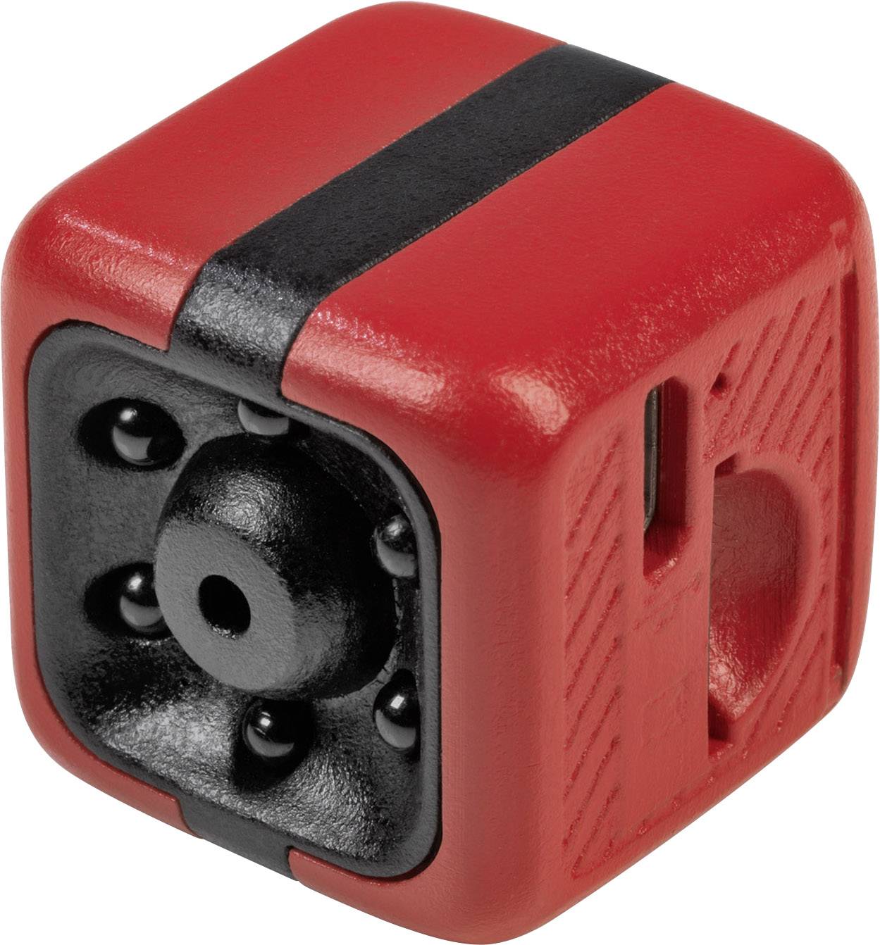 Czerwona kostka relaksacyjna z czarnymi elementami, która służy do redukcji stresu poprzez naciskanie, obracanie i klikanie.