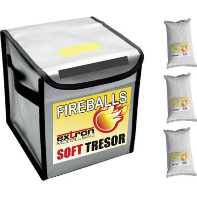 Ognioodporny miękki sejf z etykietą 'FIREBALLS' firmy Extron Modellbau, wraz z trzema białymi woreczkami, również opatrzonymi etykietą.