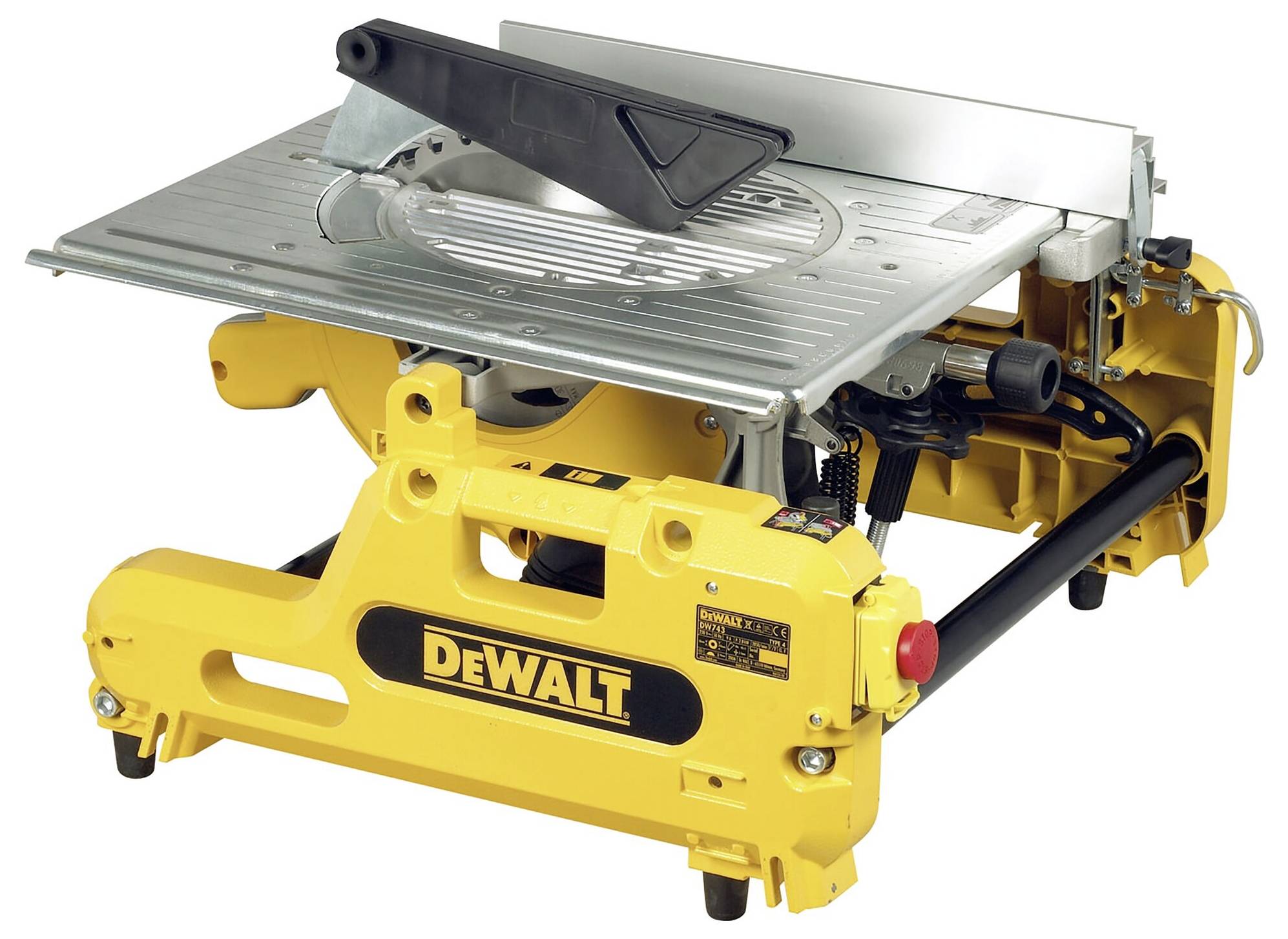 Żółta stołowa piła tarczowa firmy DEWALT, ustawiona na powierzchni roboczej.