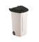 Beżowo-szary pojemnik na odpady z czarną pokrywą i dwoma kółkami. Idealny do użytku na zewnątrz i łatwy w transporcie.