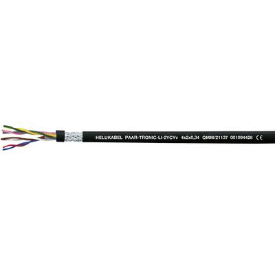 Czarny kabel z białymi literami 'HELU KABEL PAAR-TRONIC-CY-CY'. Wielokolorowe przewody widoczne na otwartym końcu.
