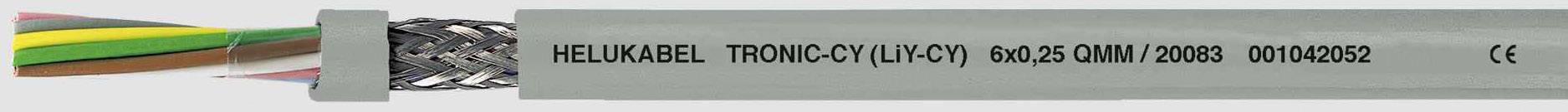 Kabel z napisem 'Helukabel TRONIC-CY (LiYCY) 00425 04M ET2008 ID0400282 CE', z kodowaniem kolorowym wewnątrz osłony kabla.