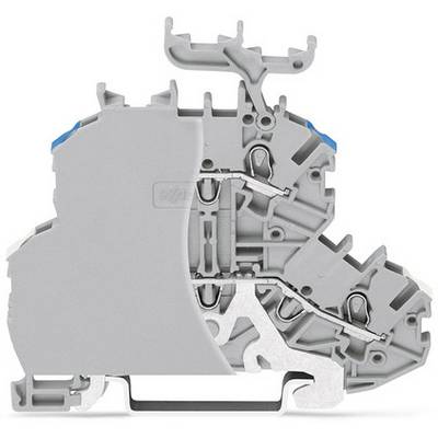 Schemat elektryczny szarej kostki przyłączeniowej z niebieskim akcentem, ukazujący wewnętrzne połączenia metalowe oraz elementy zaciskowe.