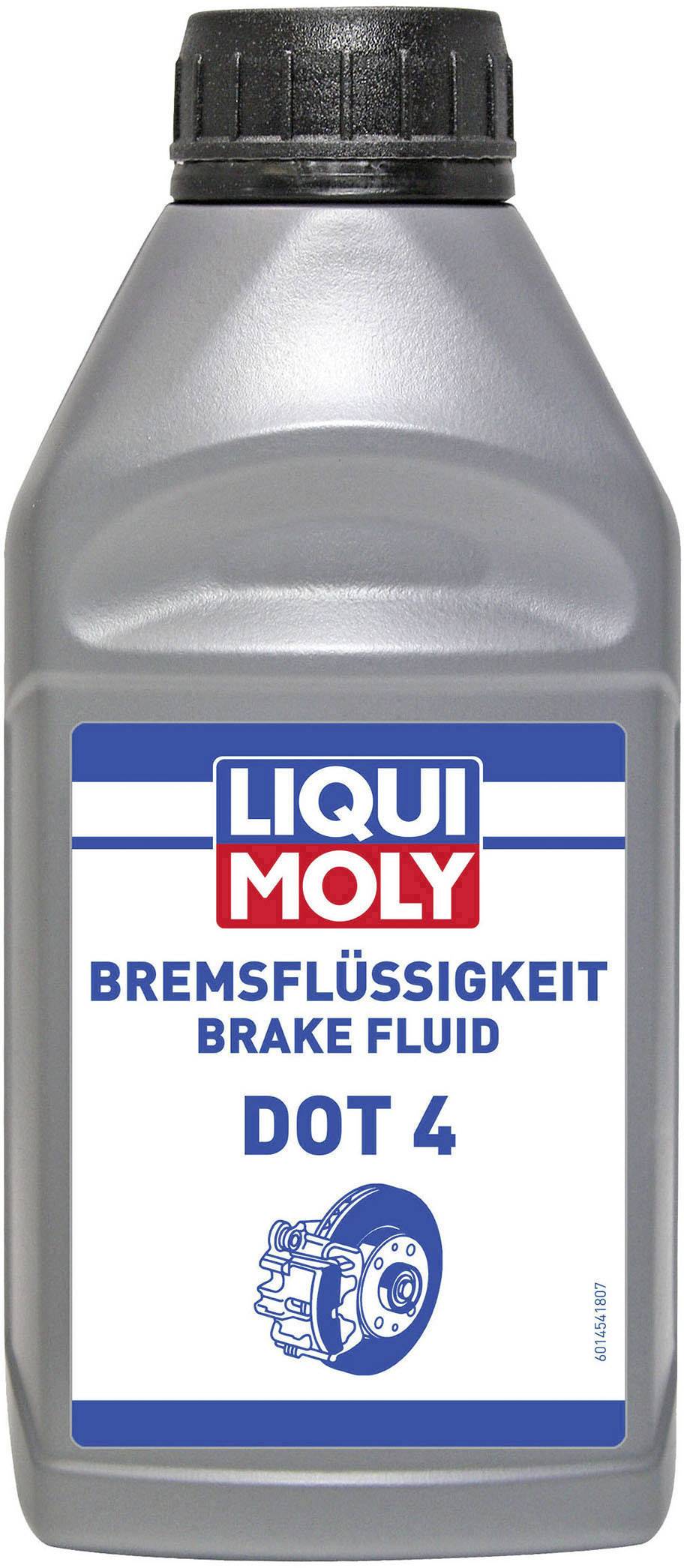 Butelka płynu hamulcowego z napisem 'LIQUI MOLY PŁYN HAMULCOWY DOT 4', na etykiecie ilustracja systemu hamulcowego.