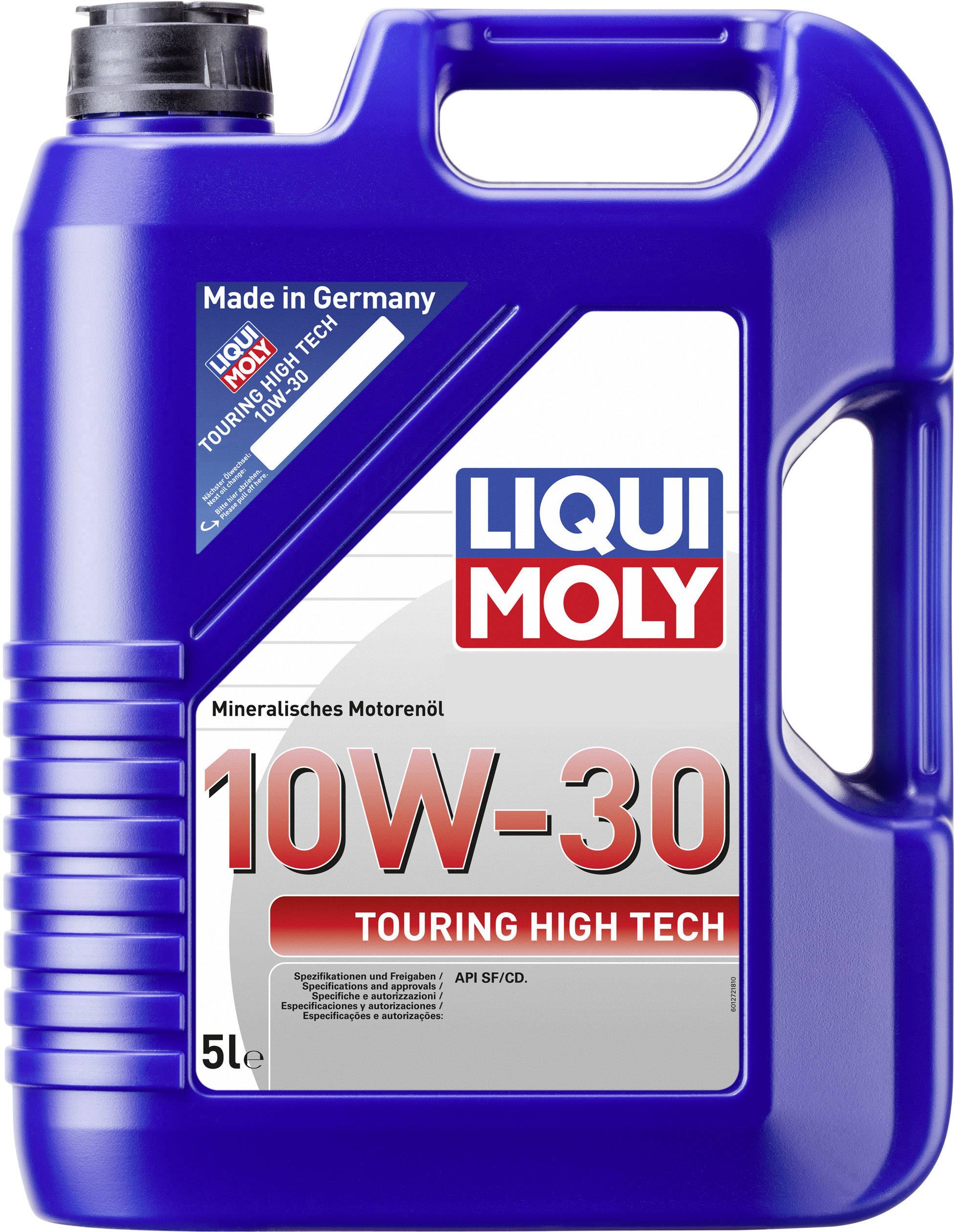 Niebieski kanister o pojemności 5L z mineralnym olejem silnikowym 'LIQUI MOLY 10W-30 TOURING HIGH TECH', wyprodukowany w Niemczech.