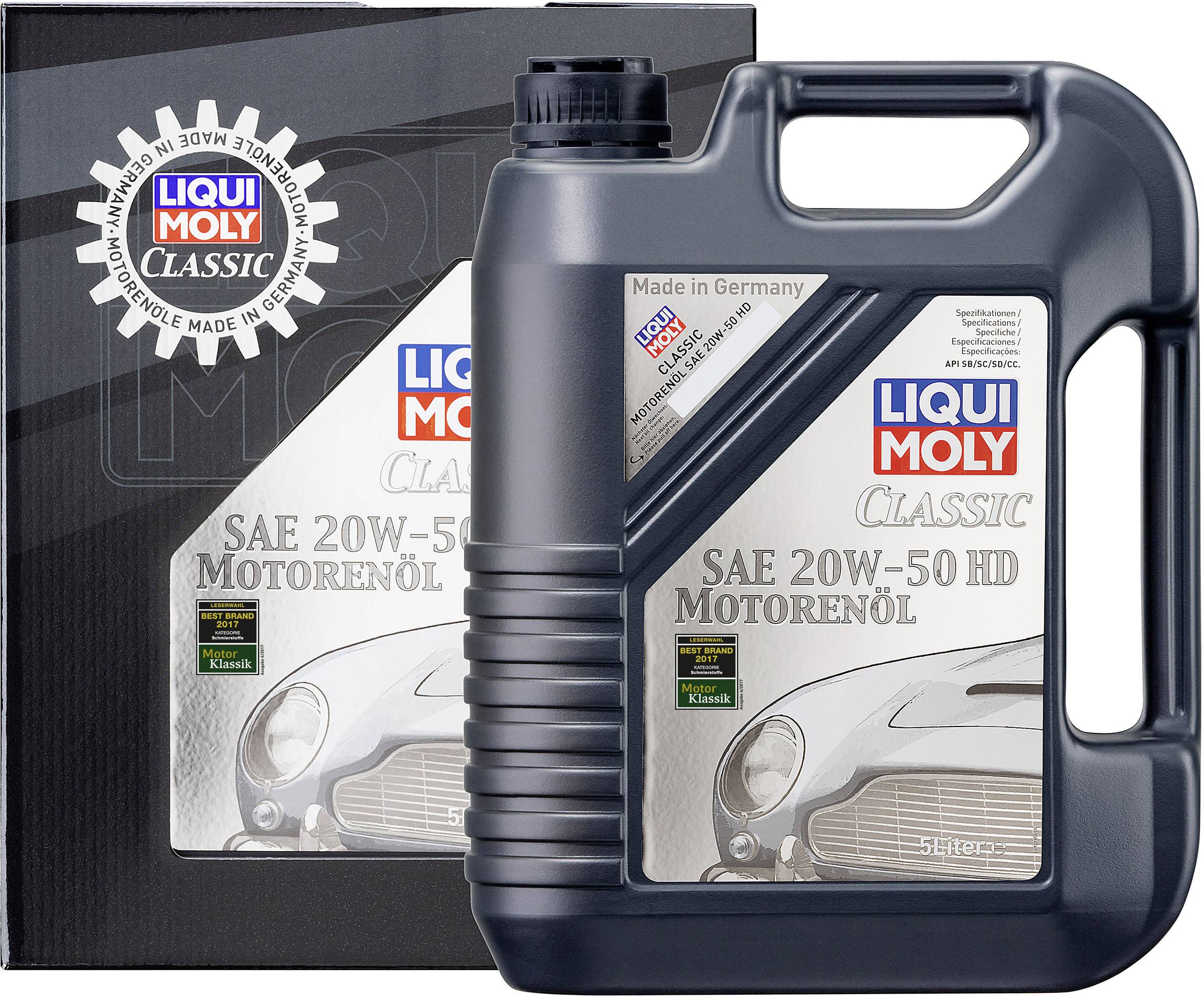 5-litrowy kanister LIQUI MOLY Classic Motorenöl SAE 20W-50 HD, obok odpowiedniego opakowania, oba przedstawiające pojazd zabytkowy.