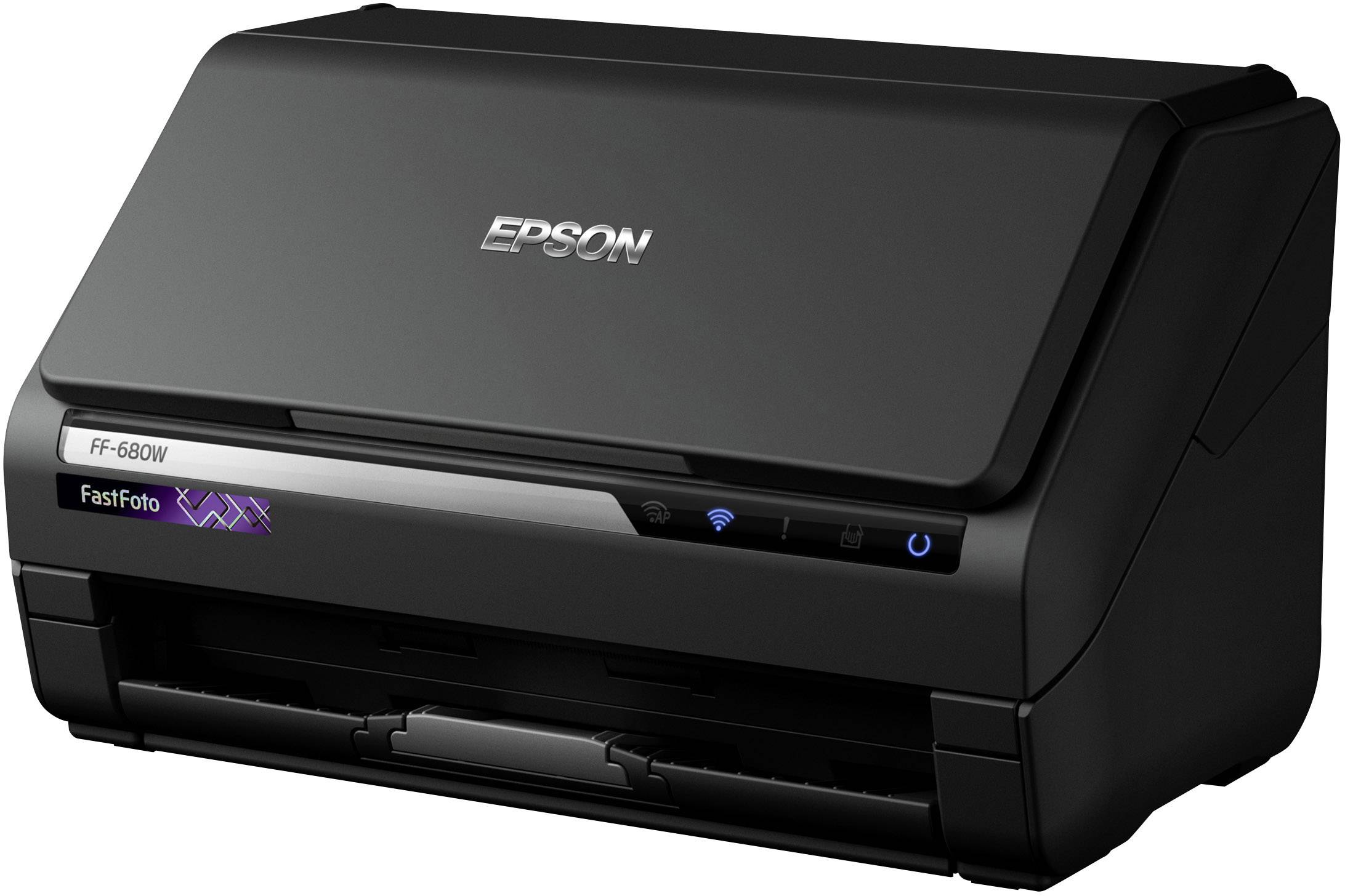 Czarny skaner Epson FF-680W z podajnikiem papieru i kilkoma przyciskami na przedniej powierzchni.