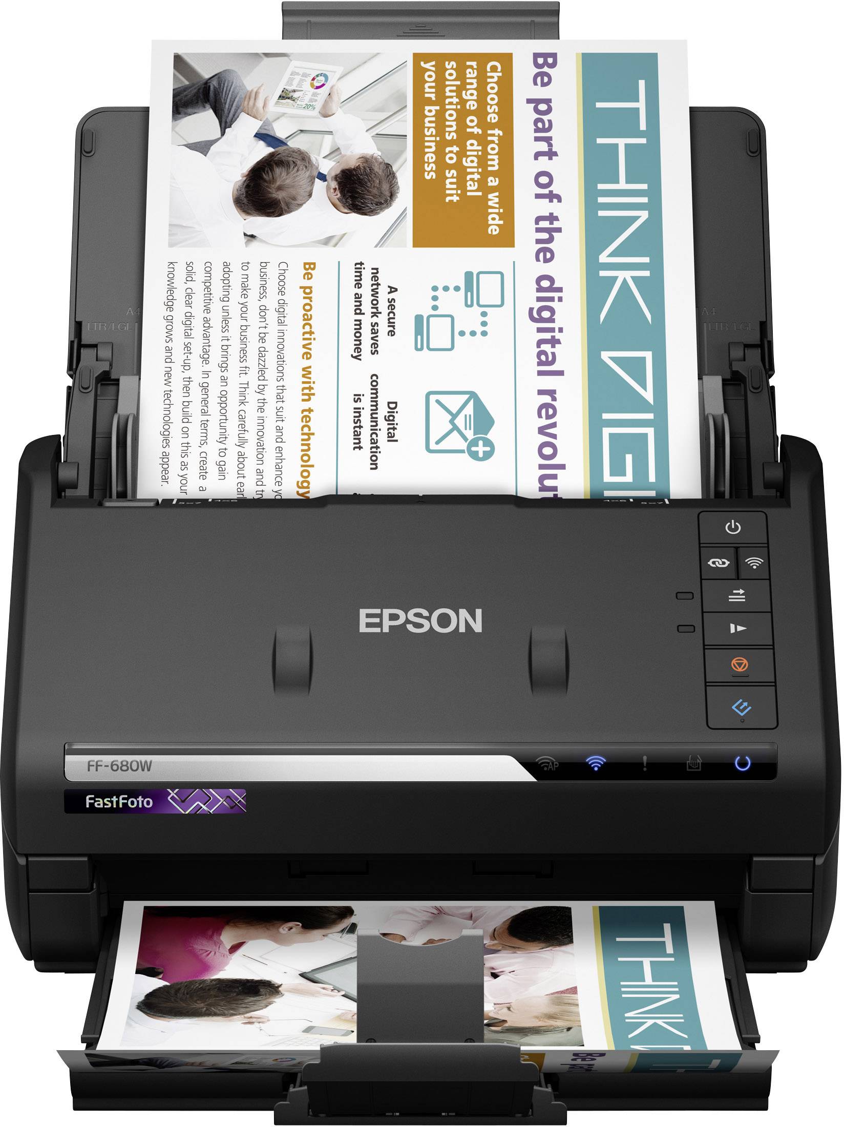 Drukarka fotograficzna Epson FF-680W z zeskanowanymi zdjęciami i dokumentami. Dokument z tekstem 'THINK DIGI' i obrazami w górnej szufladzie.