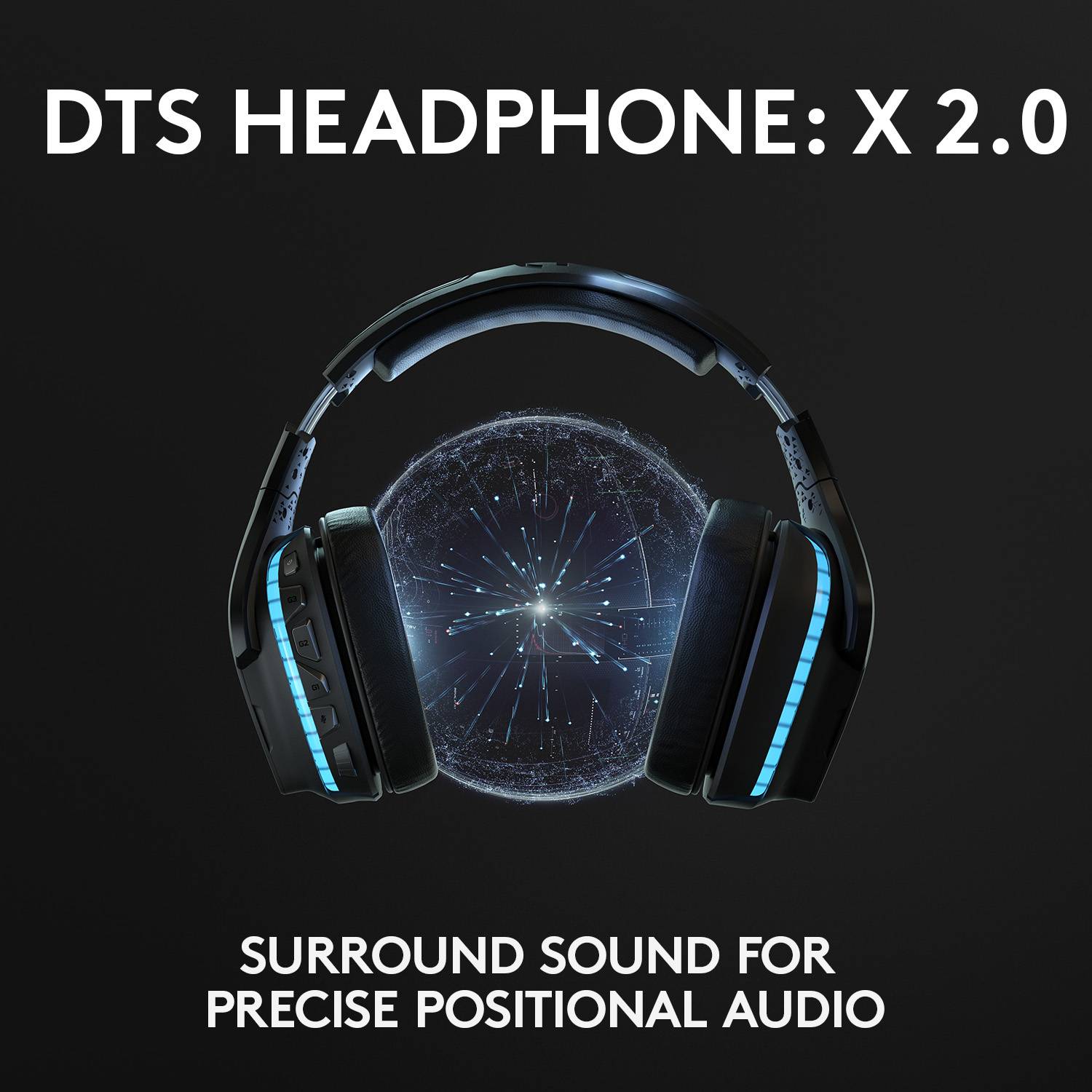 Słuchawki z napisem 'DTS Headphone: X 2.0'. Wyróżniony dźwięk przestrzenny Surround dla precyzyjnego dźwięku przestrzennego. Tło przedstawia wzór sferyczny.