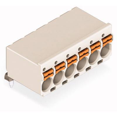 Sześciokrotny złącz w kolorze beżowym z niepokojącymi otworami dostępowymi i pomarańczowymi mechanizmami zamykającymi, przeznaczony do połączeń elektrycznych.