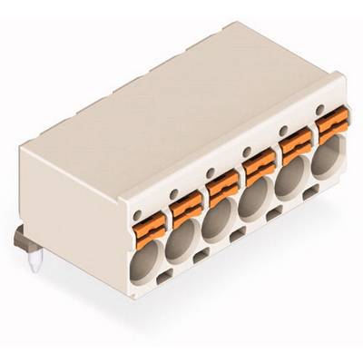 Sześciobiegunowy elektryczny złącz w kolorze beżowym z pomarańczowymi zatrzaskami. Odpowiedni do zastosowań przemysłowych i okablowania.