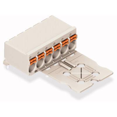 Złącze WAGO z pięcioma pomarańczowymi dźwigniami i możliwością montażu na płycie montażowej. Nadaje się do elektrycznych połączeń kablowych.