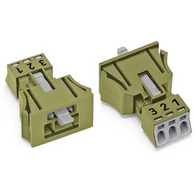 Dwa zielone złącza elektryczne z numerowanymi przewodami '1, 2, 3'. Są przeznaczone do łączenia kabli elektrycznych.