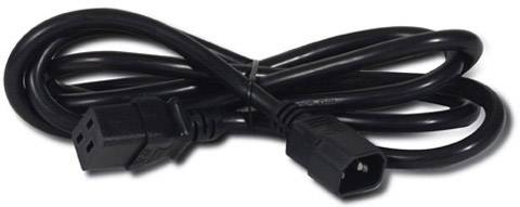 Czarny kabel sieciowy z wtyczką C13 i gniazdem C14, stosowany do podłączania urządzeń elektrycznych do źródeł zasilania.