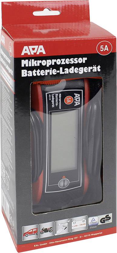 Ładowarka do akumulatorów 'APA 5A' w opakowaniu o czerwono-czarnym designie. Tekst na opakowaniu: 'Mikroprocesorowa ładowarka do akumulatorów'.