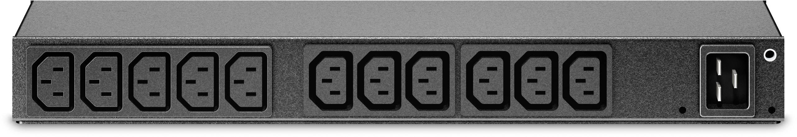 Tylna strona listwy zasilającej z wieloma gniazdami elektrycznymi, odpowiednia do zastosowań w środowiskach informatycznych lub serwerowych.