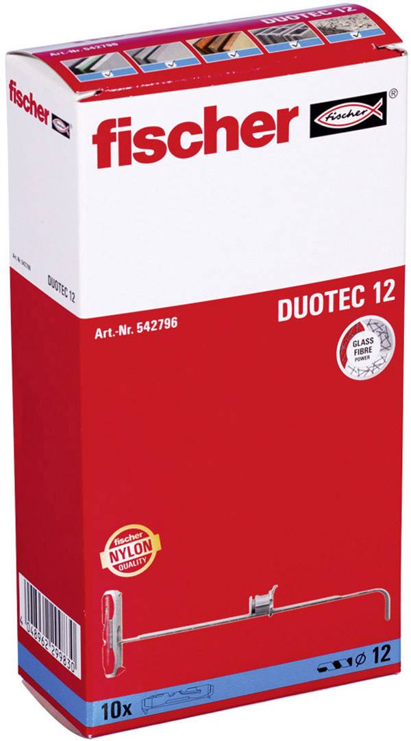 Czerwone opakowanie marki 'fischer' z napisem 'DUOTEC 12', zawiera 10 kołków. Nr art. 542796. 'Wzmacniany włóknem szklanym'.
