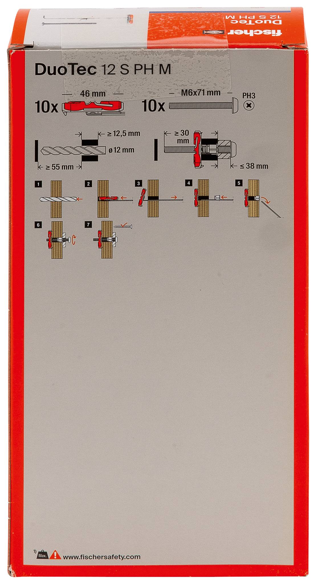 Fischer DuoTec 12 S PH M wtyczka ścienna pokazana od przodu, z diagramami dla 10 kotwic i instrukcjami montażu dla pustych ścian gipsowych.