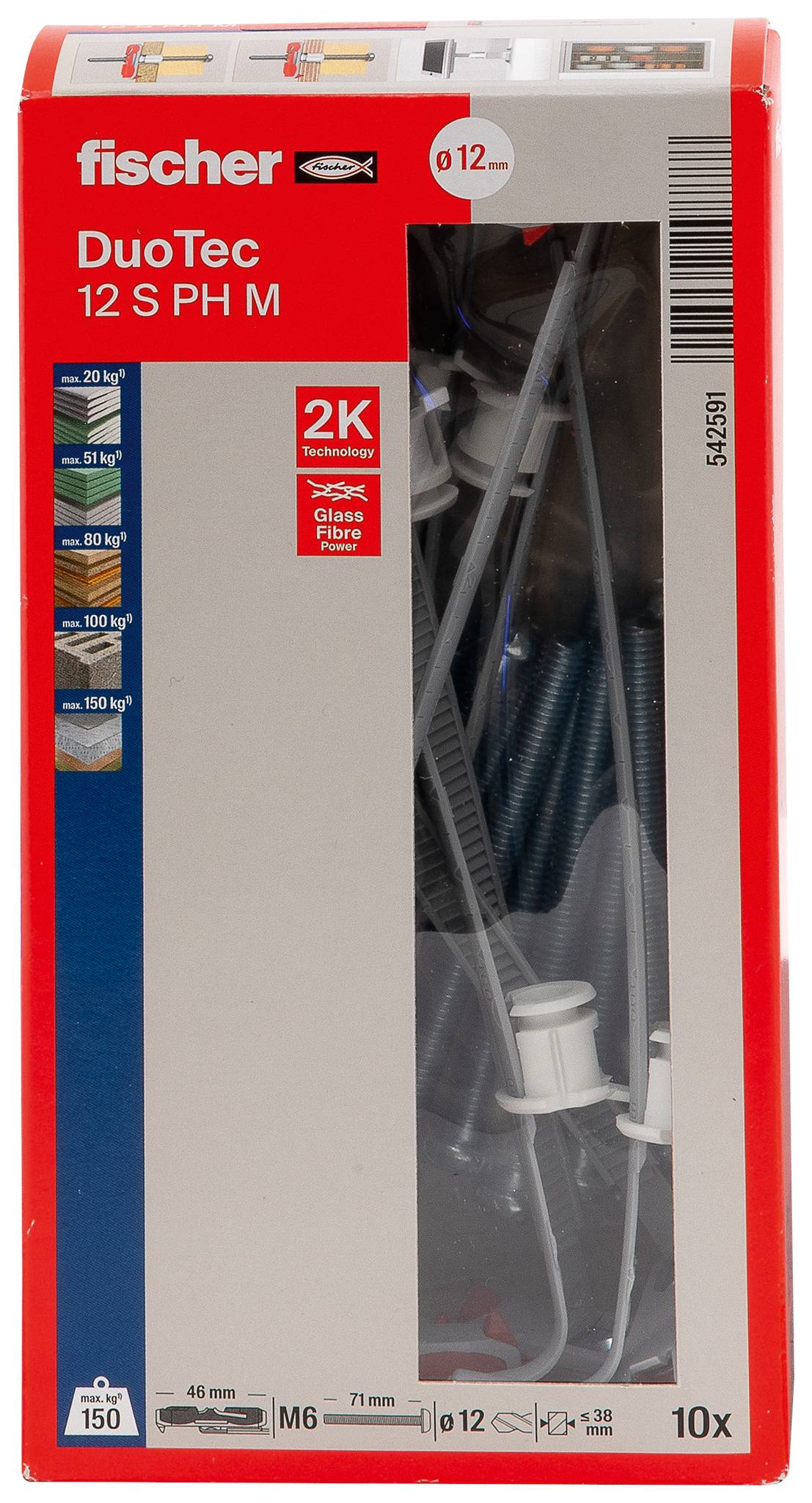 Opakowanie kotew ściennych fischer DuoTec 12 S PH M, zawierające 10 sztuk, M6, rozmiary 46 mm i 71 mm, do ścian pustych i płyt gipsowych.