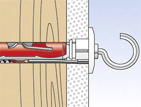 Ilustracja kołka w ścianie: Kołek rozszerza się w otworze, aby podtrzymać hak.