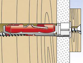 Przekrój wkręta rozporowego, który jest wkręcony w ścianę drewnianą. Kołek posiada czerwoną powłokę z tworzywa sztucznego i jest mocno osadzony w drewnie.