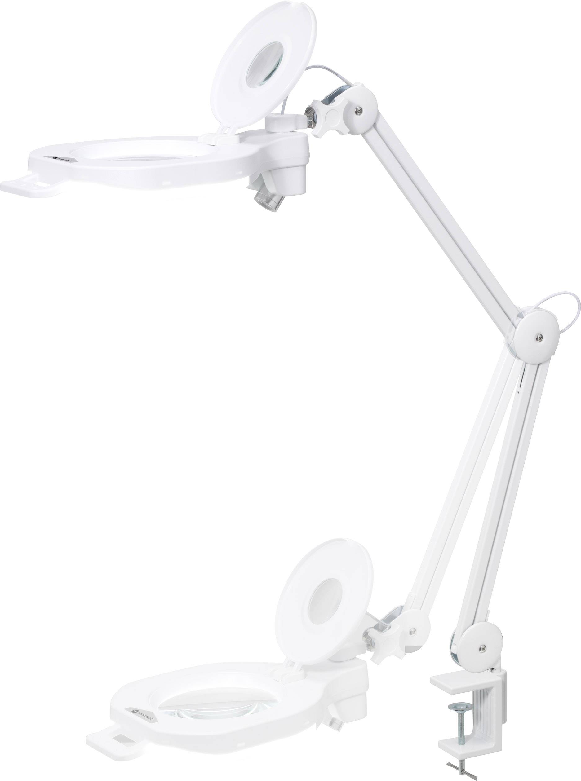 Regulowana lampa robocza z lupą, w kolorze białym, nadająca się do zamocowania na biurku. Idealna do precyzyjnych prac i projektów majsterkowych.