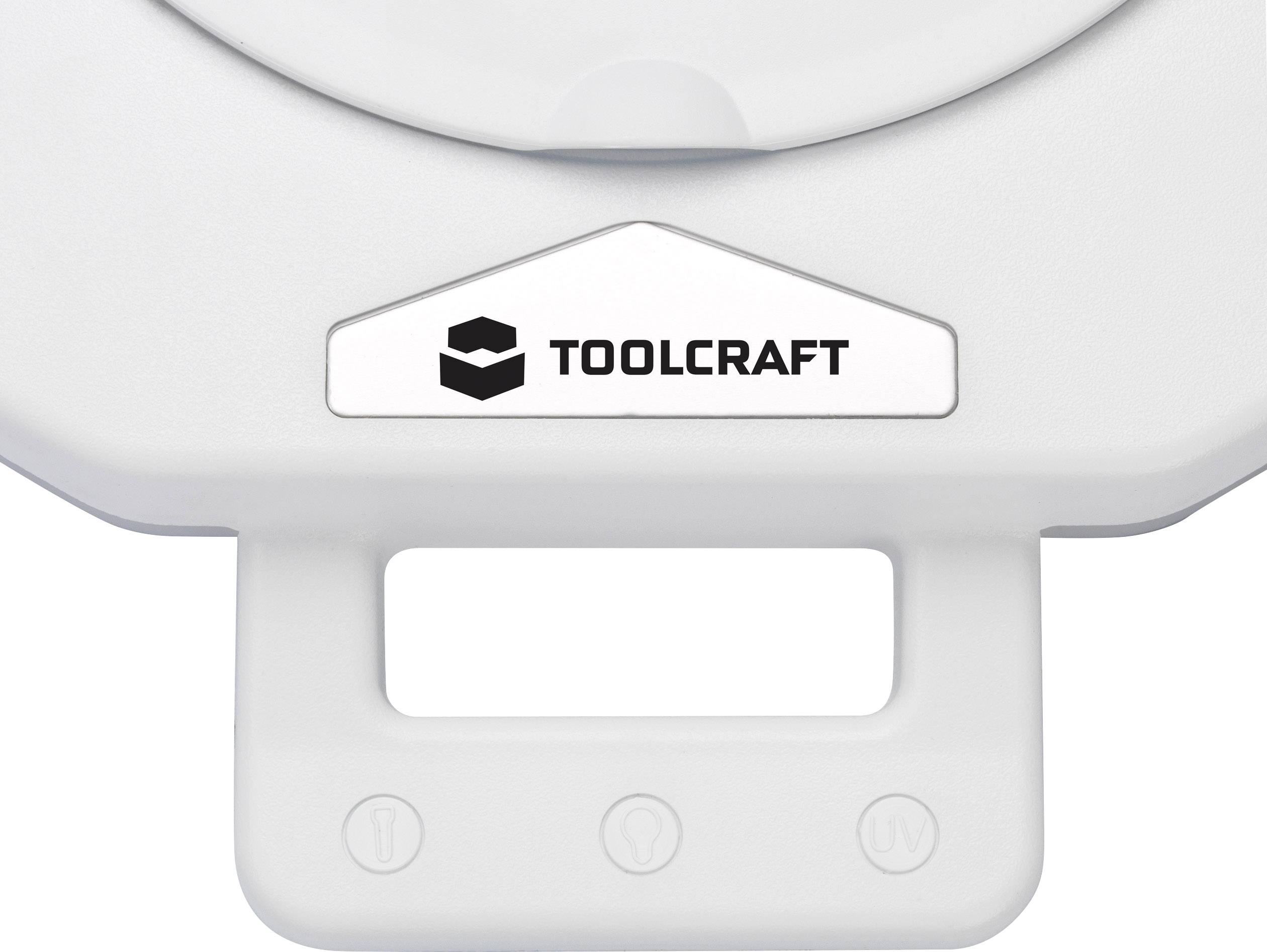 Białe narzędzie z tarczką, na której widnieje napis 'TOOLCRAFT'. Oznaczone logo, prawdopodobnie przedstawia oznaczenie marki.
