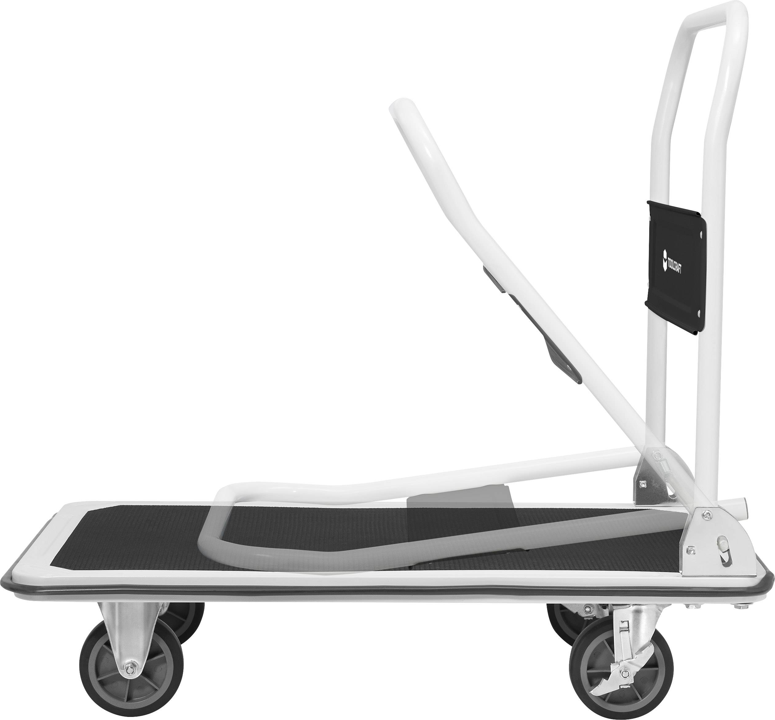 Biała wózka transportowa z czterema czarnymi kołami i składaną rączką, przeznaczona do przewozu ciężkich towarów.