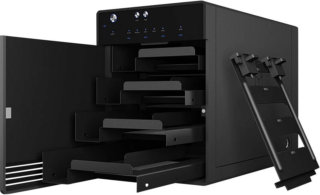 Czarny, otwarty system magazynowania RAID z wieloma slotami na dyski twarde. Pokrywa leży obok. Odpowiedni dla infrastruktury informatycznej.