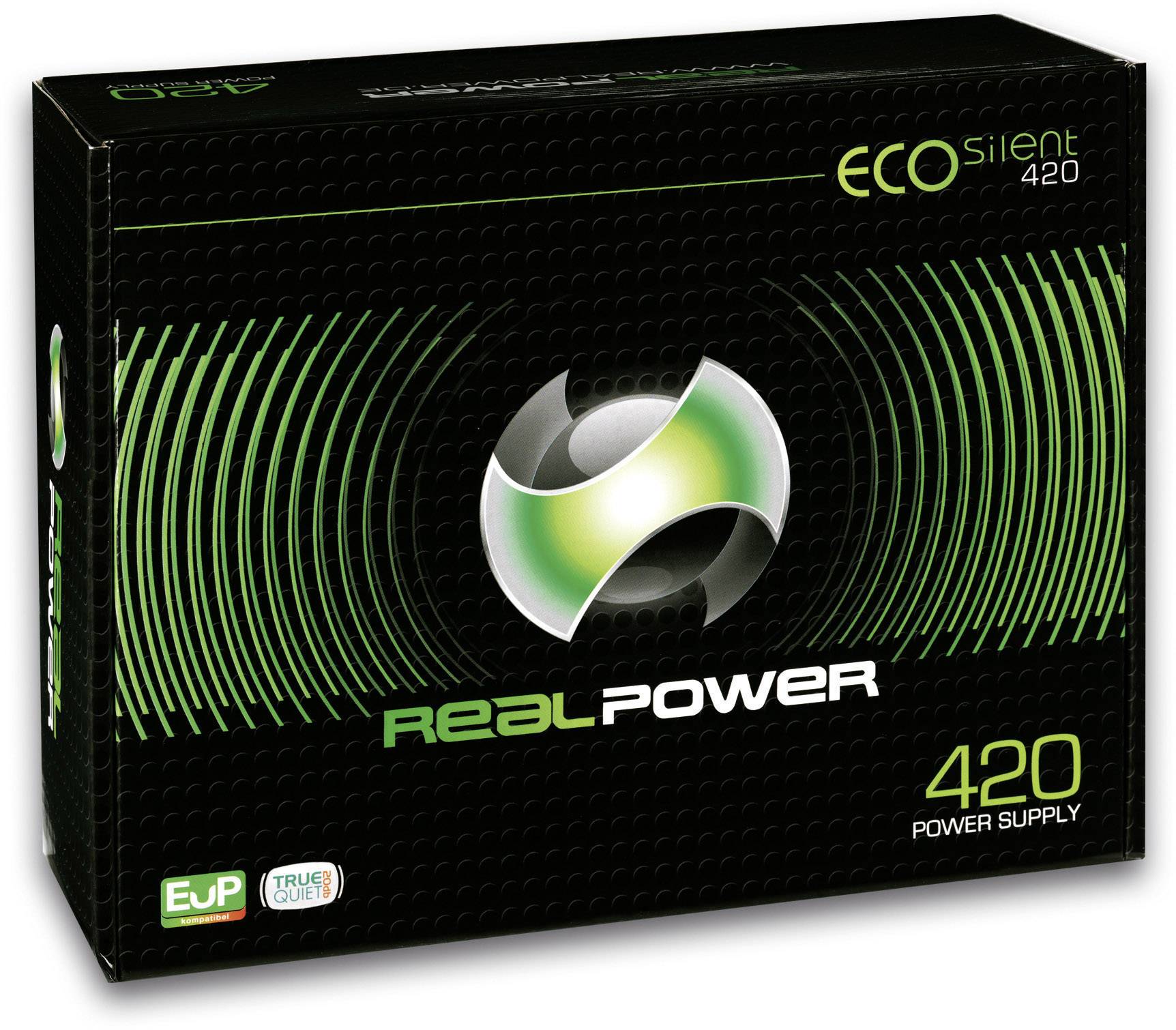 'RealPower 420 ECO Silent' opakowanie z zieloną i czarną grafiką. Tekst: 'Zasilacz', 'EUP', 'Prawdziwie Cichy'.