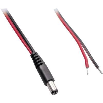 Czarno-czerwony kabel prądu stałego (DC): Po lewej wtyk z czarną obudową, po prawej wolne końcówki kabla. Przekształca sygnały elektryczne.