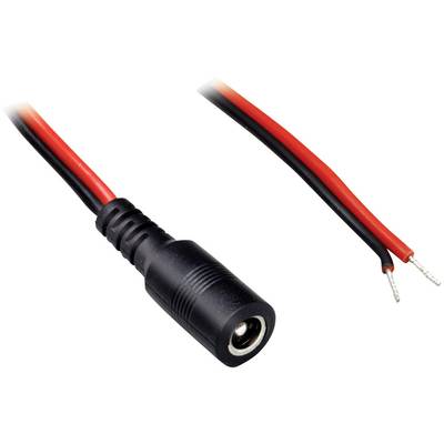 Czarny kabel DC z gniazdem po lewej stronie i otwartym przewodem w kolorach czerwonym i czarnym po prawej stronie, odpowiedni do elektronicznych połączeń elektrycznych.