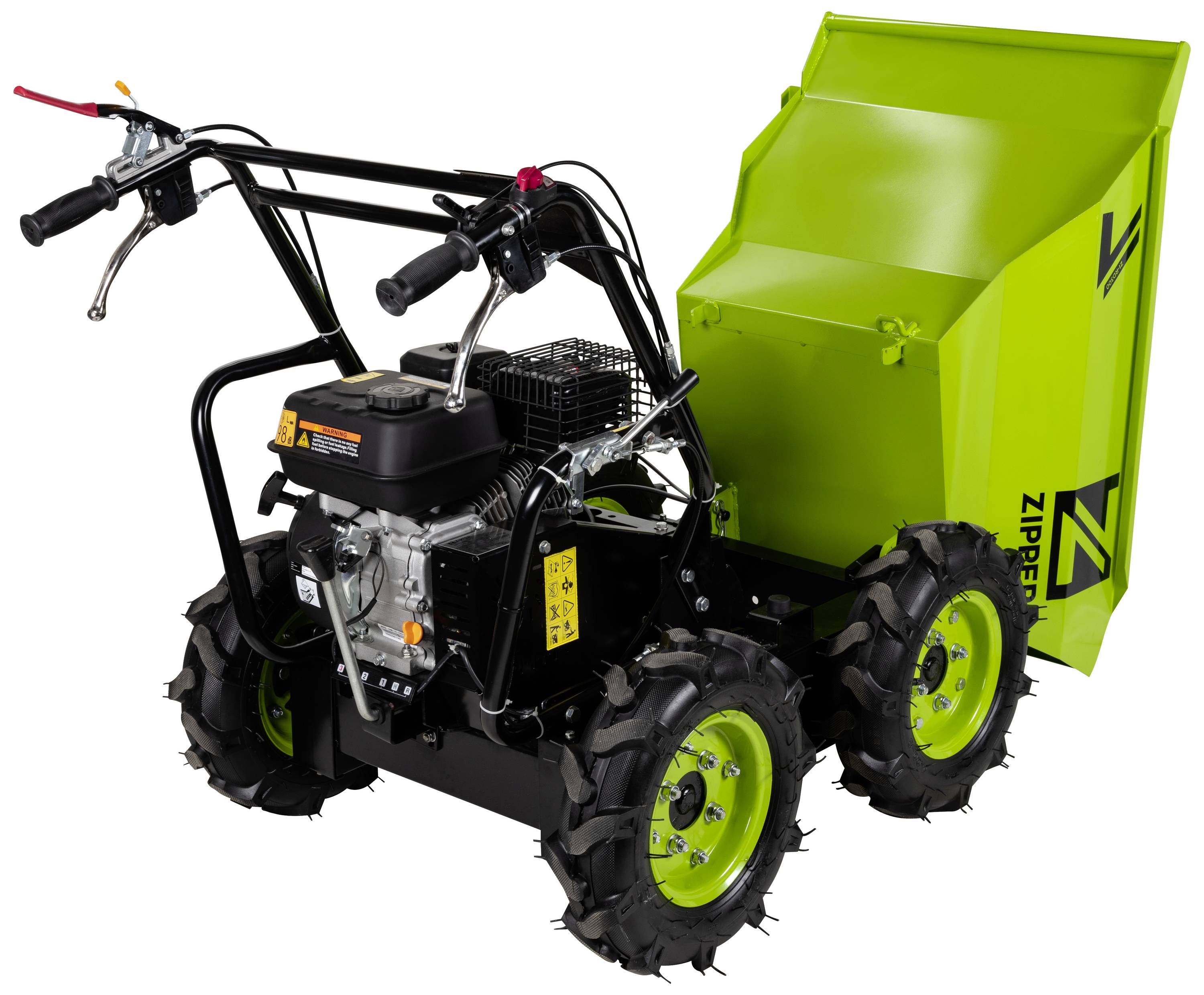 Zielony taczka silnikowa z wytrzymałymi oponami i ergonomicznymi uchwytami, przeznaczona do transportu ciężkich ładunków w ogrodach lub podczas prac budowlanych.