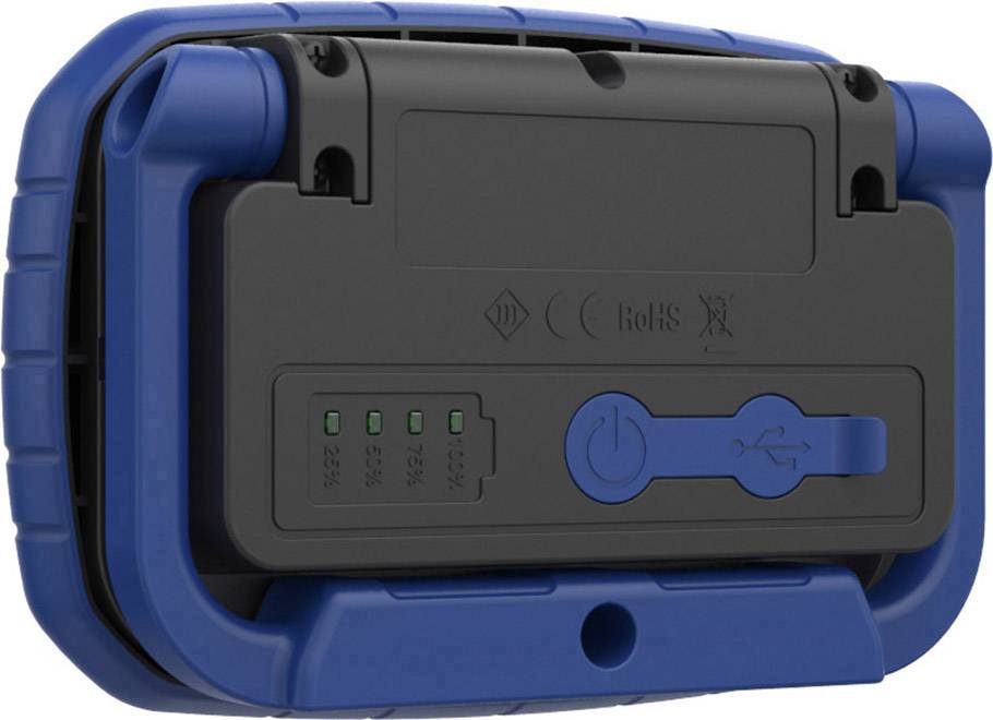 Niebieski, przenośny akumulator z gniazdem USB i wskaźnikami LED na przedniej stronie do wyświetlania stanu naładowania.