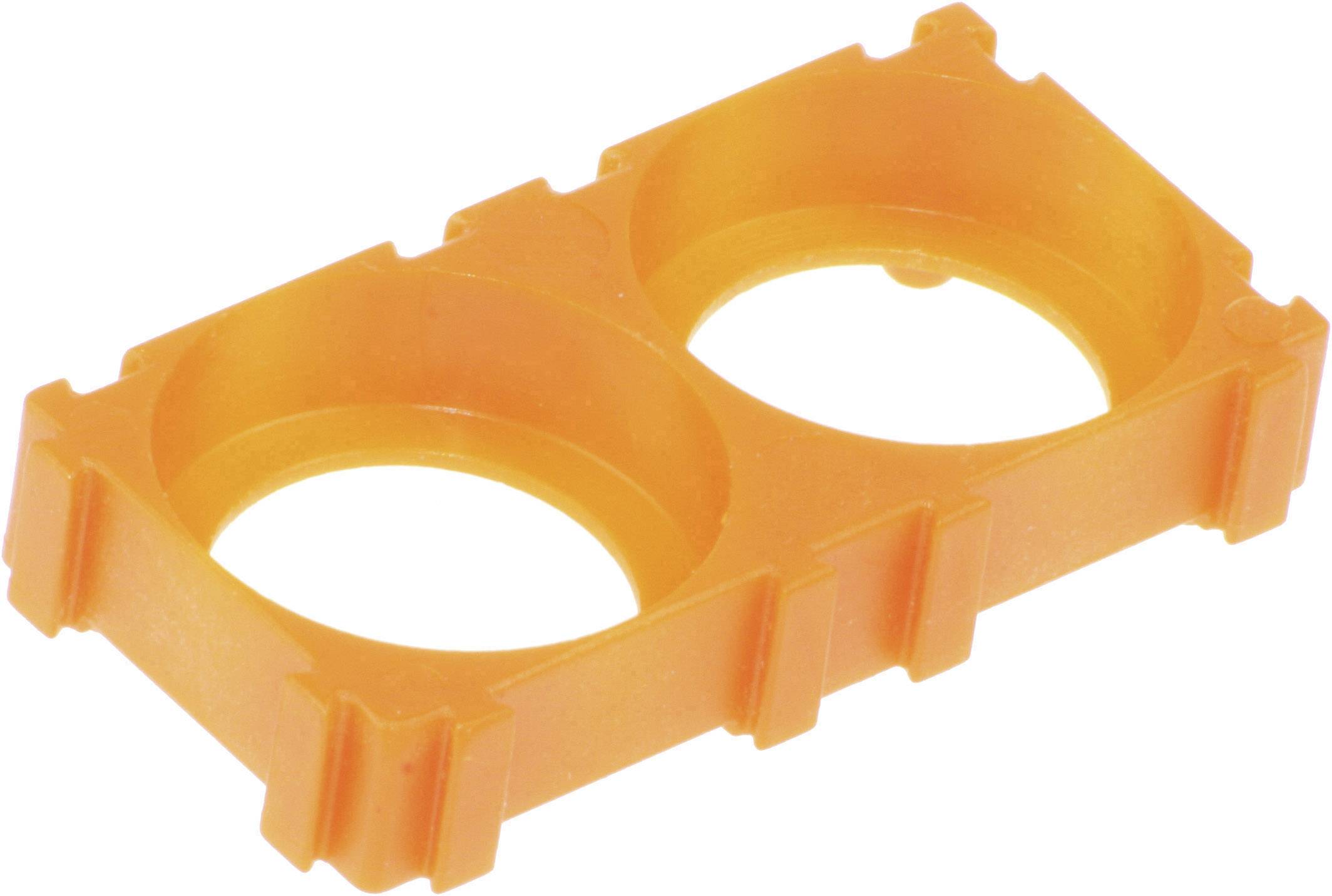Pomarańczowy, prostokątny uchwyt z dwoma okrągłymi wycięciami.