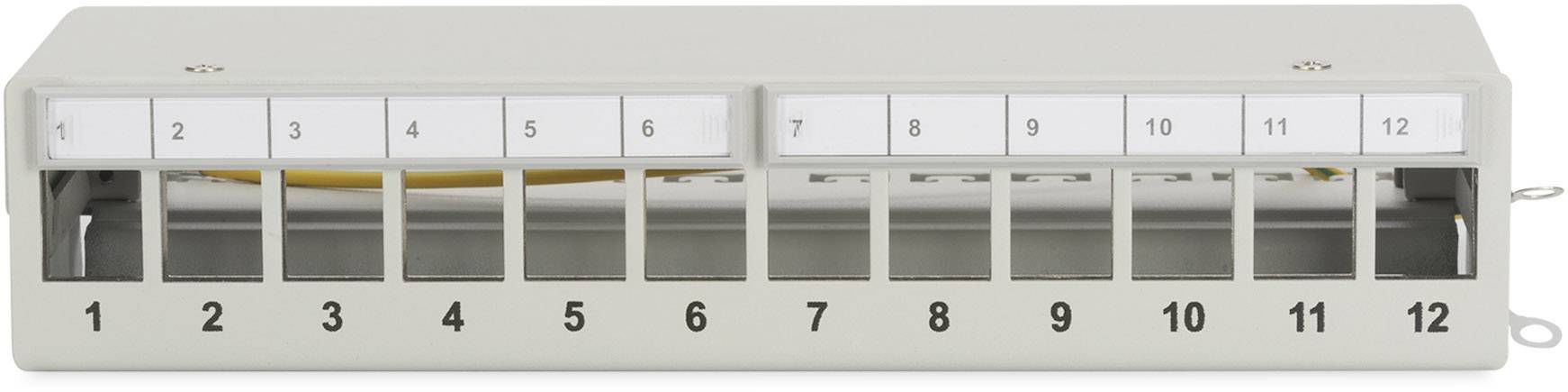 Pusta płyta patch panel z 12 numerowanymi portami. Port 9 ma wpięty żółty kabel.
